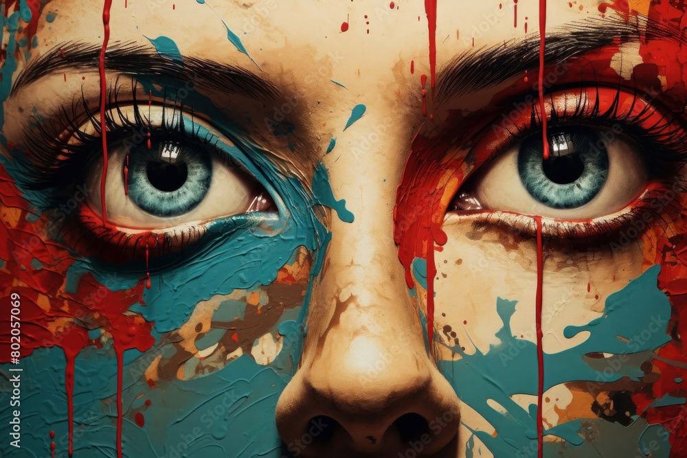 Intense gaze captured in artistic expression with vibrant blue and red splashes
