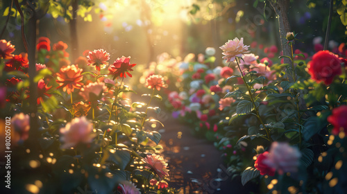 Glowing sunset light filtering through vibrant roses in a tranquil garden setting, perfect for serene themes,beautiful blooming flowers in the garden,Cinematic wild flowers in the sunset light bokeh 