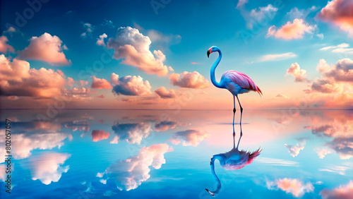 Flamingo on the background of the water surface and the sky landscape
