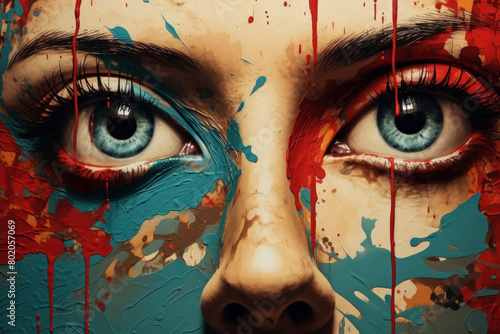 Intense gaze captured in artistic expression with vibrant blue and red splashes