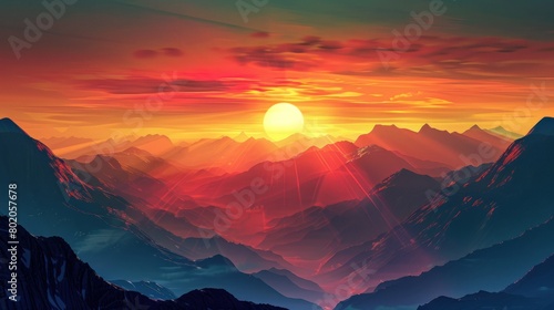 Epic sunset landscape sky with big bright sun going behind the mountains