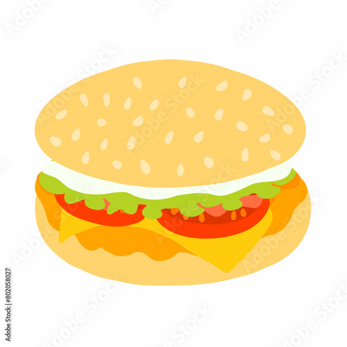 Big burger with chicken cutlet  fresh tomato  salad leaf  cheese and mayo sauce icon in cartoon flat style. Vector illustration isolated on white background. For menu  poster  infographic  restaurant.