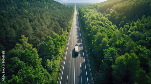 A lone truck travels a forest-lined highway, merging technology with nature's tranquility Generative AI