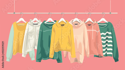 Hanger with stylish clothes on color background Vector