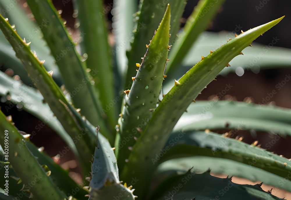 A close-up view of an aloe vera plant, its thick green leaves tapering into sharp points, with jagged edges, generative AI A close-up view of an aloe vera plant, its thick green leaves tapering into sharp points, with jagged edges, generative AI