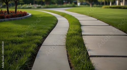 Round curve cement walkway in the fresh green grass garden,generative.ai