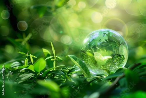 Globe on Fresh Green Leaves Symbolizing Ecology 