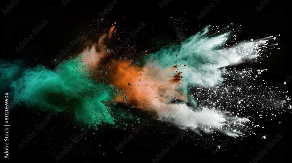 Colored powder explosion. Green, white and orange colors dust on black background. Multicolored powder splash background
