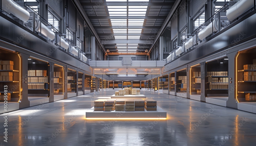 Obraz premium A futuristic technology retail warehouse that analyzes goods, cardboard boxes, and products delivery information in logistics and distribution centers using Industry 4.0 processes