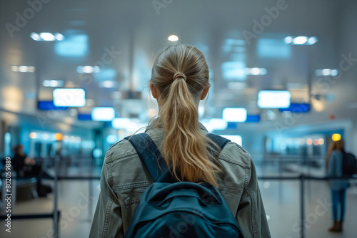 A woman with a backpack is standing in an airport terminal. She is looking at a sign. Scene is neutral and somewhat boring
