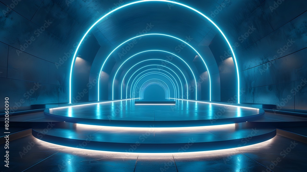 Naklejka premium Futuristic Dark Podium and Luminous Corridor with Reflective Geometric Backdrop