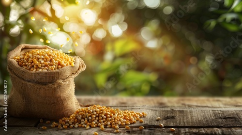 Corn seed harvest in jute sack back on wooden table with blurry crop farm background, Corn plant for product consume