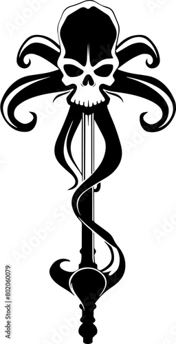 The image is a black and white vector illustration of a skull with tentacles