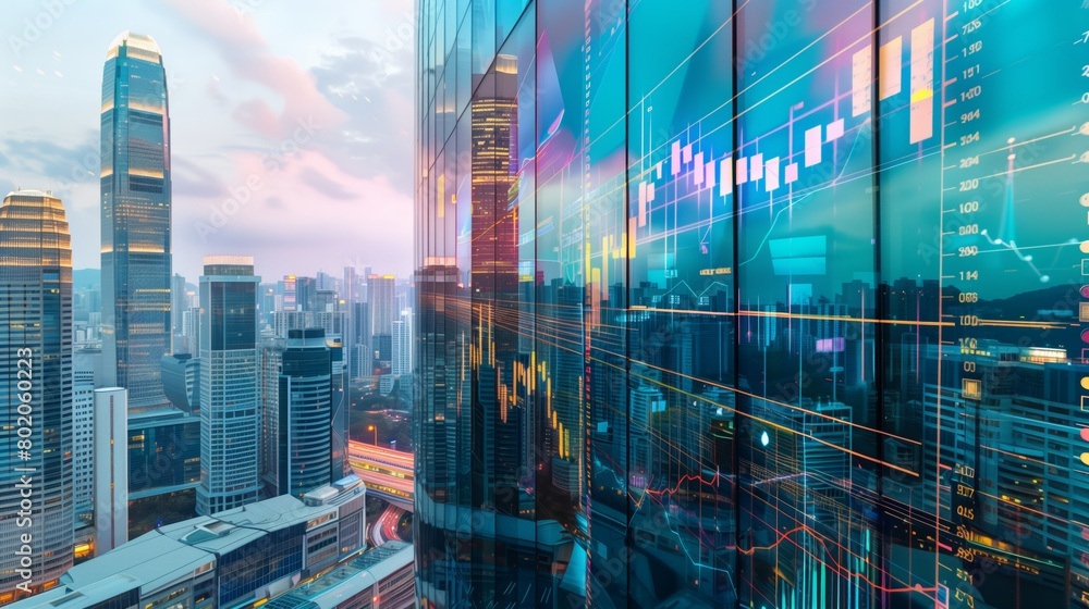 Abstract concept of financial data streaming across the surface of a contemporary office tower at twilight Abstract concept of financial data streaming across the surface of a contemporary office tower at twilight