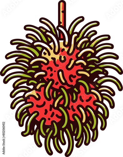 A cartoon illustration of a red rambutan fruit