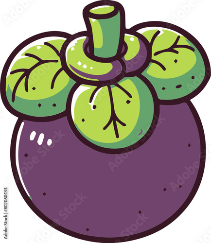 A cartoon mangosteen with a purple skin and green leaves.