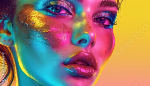 Beautiful woman with creative colorful makeup. Girl with vivid face art. Fashion or cosmetics concept. Illustration for cover, postcard, interior design or print. © DruZhi Art