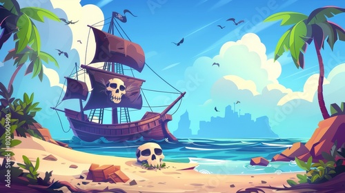 Old filibuster boat with black sails with a jolly roger skull stuck in the sand on a tropical island with palm trees and vines. Adventure game modern illustration.