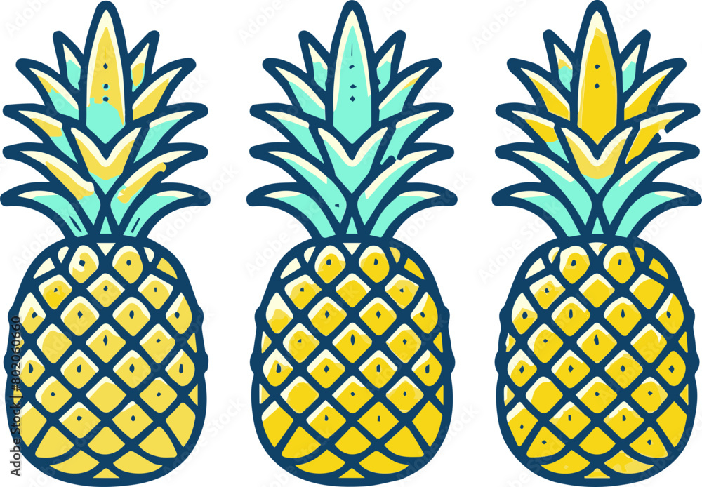 Three pineapples in a row with a white background. Three pineapples in a row with a white background.