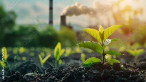 Decarbonization, featuring a vibrant green plant in the foreground with a CO2 - emitting industrial chimney in the background, symbolizing the balance between industry and environmental sustainability photo