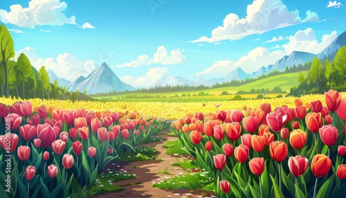 Landscape with blooming tulips. Fresh spring flowers. Growing flowers for sale in large quantities. Illustration for cover, card, postcard, interior design, banner, poster, brochure or presentation.