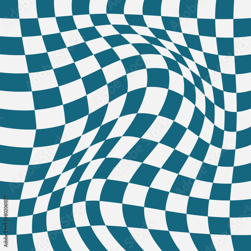 Trippy checkerboard background, wavy checker pattern, optical illusion. Groovy wave psychedelic checkerboard background. Hippie, retro chessboard template, texture of pile.