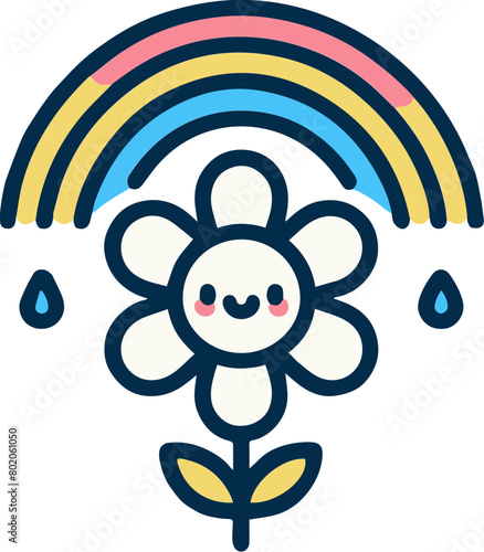 A simple and cute flower with a rainbow and raindrops.