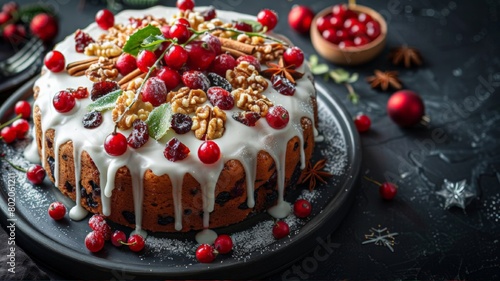 Traditional classic Christmas cake decorated with cranberries, pomegranate seeds and rosemary on a dark background. closeup, place for text.