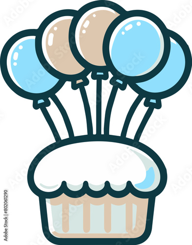 A cupcake with blue and brown balloons.