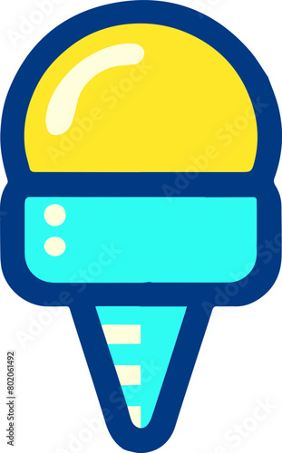 A simple line drawing of a single-scoop ice cream cone. The cone is blue and white, and the ice cream is yellow.
