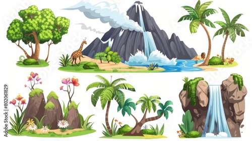 An illustration of a prehistoric planet landscape with a volcano, and green plants, flowers, and a waterfall isolated on white. It features a mountain with a crater and smoke, a tropical tree, and a photo