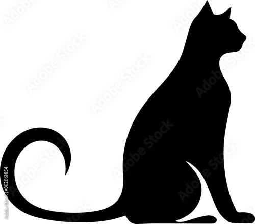 A black cat is sitting and looking to the right. The cat has a long tail and pointy ears.