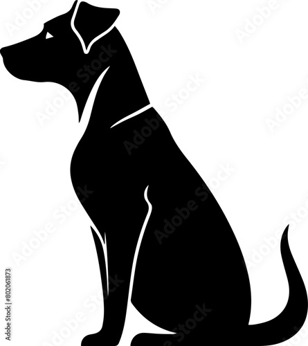 A black dog is sitting and looking forward attentively. It has short fur and a docked tail. The background is white.