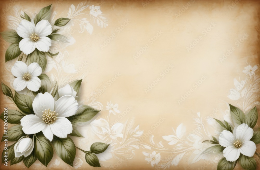 Elegant floral card with white flowers on vintage paper. Copy space. Concept: invitation template, congratulations, postcard