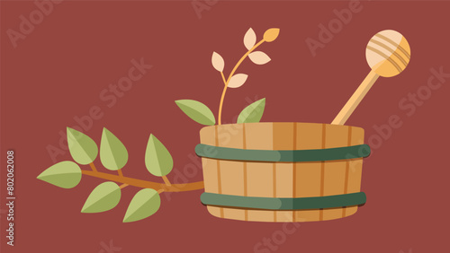 A traditional sauna tool such as a wooden brush or birch branch is used to gently massage the skin and stimulate circulation promoting a healthy glow..