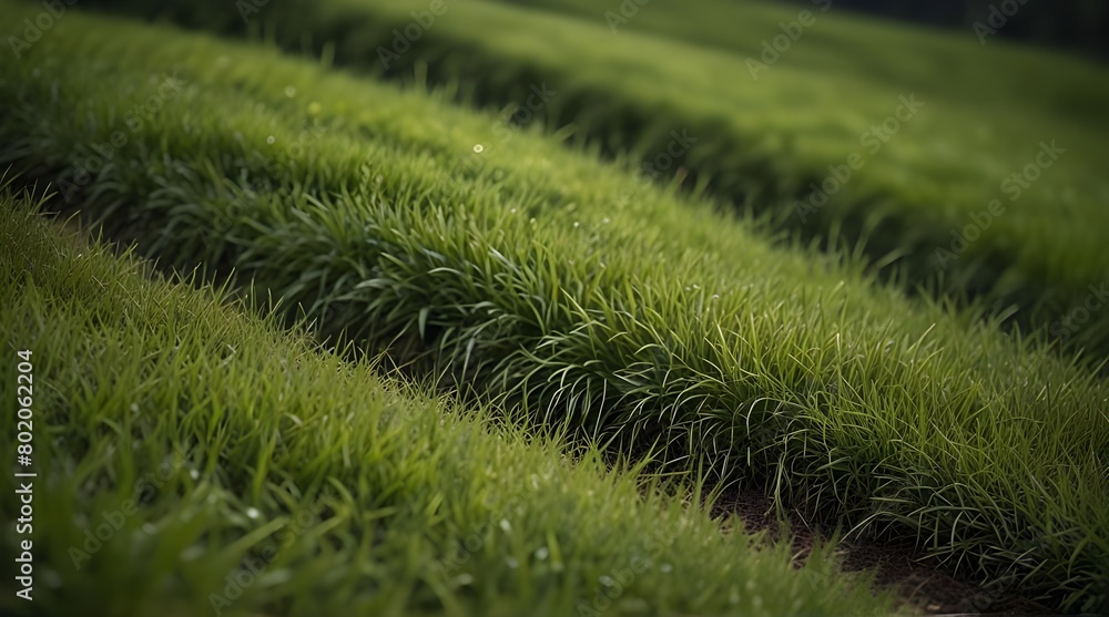 Selective focus grass on the slope field and curve, Green grass meadow on the hill with sunlight.generative.ai Selective focus grass on the slope field and curve, Green grass meadow on the hill with sunlight.generative.ai