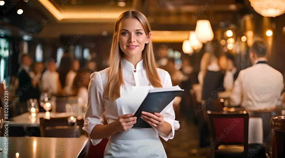 Attentive Waitress Serving Menu in a Blurred Background. Elegant Restaurant Interior with Inviting Ambiance. Attentive Waitress Serving Menu in a Blurred Background. Elegant Restaurant Interior with Inviting Ambiance.