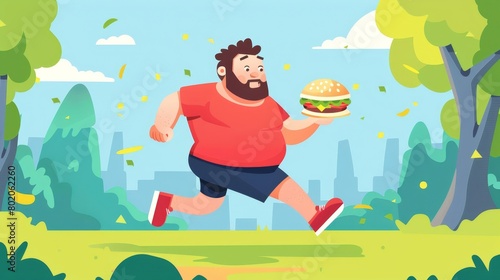 A fat man eats hamburgers, runs, and loses weight. Overweight person jogging and getting slim, modern flat illustration, concept of activity, diet, and exercise. © Mark