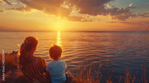 Mother and child are looking at seascape at sunset. Family summer vacation at sea concept. Warm rays of sunlight. Back view