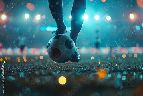 Dynamic image of a football being kicked in a stadium under floodlights, with the crowd blurred in the background