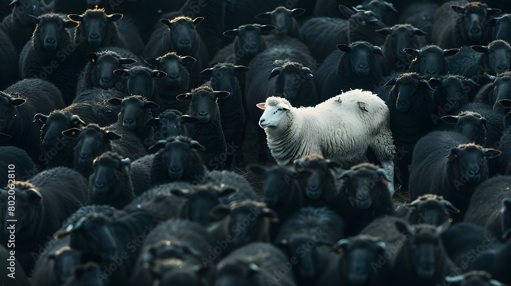 Fototapeta premium Sheep Herd in the Field. A group of sheep looking directly at the camera in a natural setting.