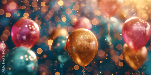Goldene und bunte Luftballons zu Weihnachten Jubiläum und Geburtstag im schönen Gold Bokeh dekoriert Querformat für Banner  photo