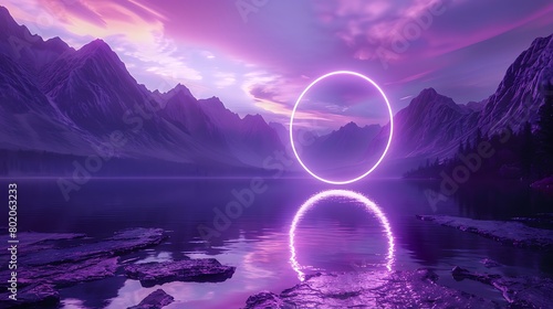 Ethereal Eerie Glow: A Purple Light Ring Floats on a Mountain Lake at Night