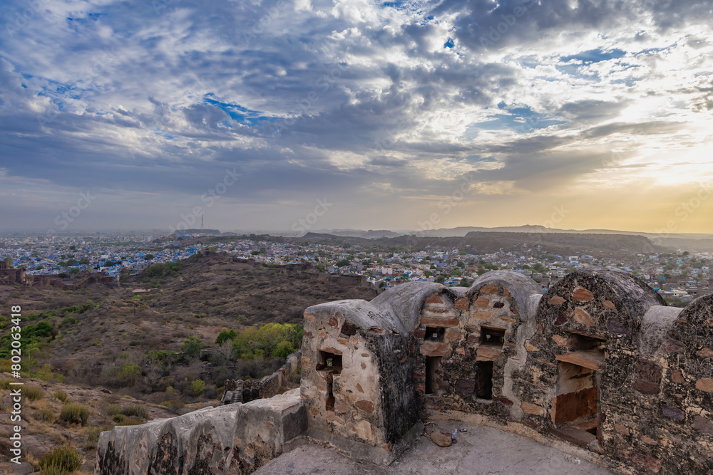 Fototapeta premium city view with ancient fort wall and dramatic sky at evening from different angle