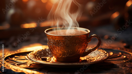 Steaming cup of Turkish Sand Coffee. on ornate metal tray illuminated by warm light with rich golden and brown tones