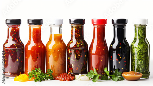 Bottles with tasty sauces on white background 