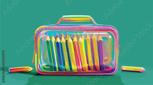 Holographic pencil case with school stationery 