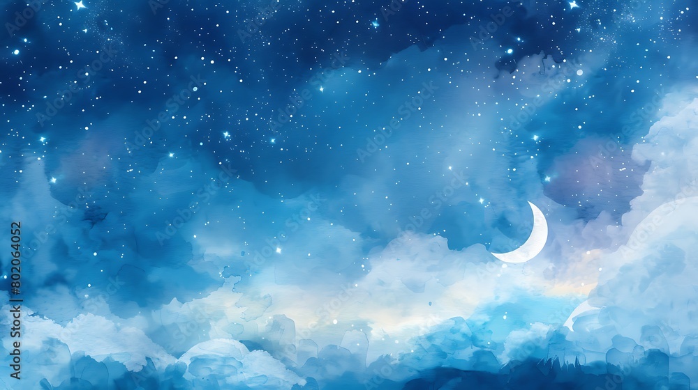 Watercolor Night Sky Bathed in the Soft Light of a Crescent Moon and Stars Watercolor Night Sky Bathed in the Soft Light of a Crescent Moon and Stars