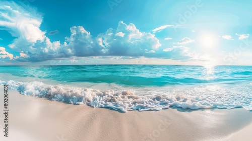 Panorama of a beautiful white sand beach and turquoise water in Maldives. Holiday summer beach background.. Wave of the sea on the sand beach