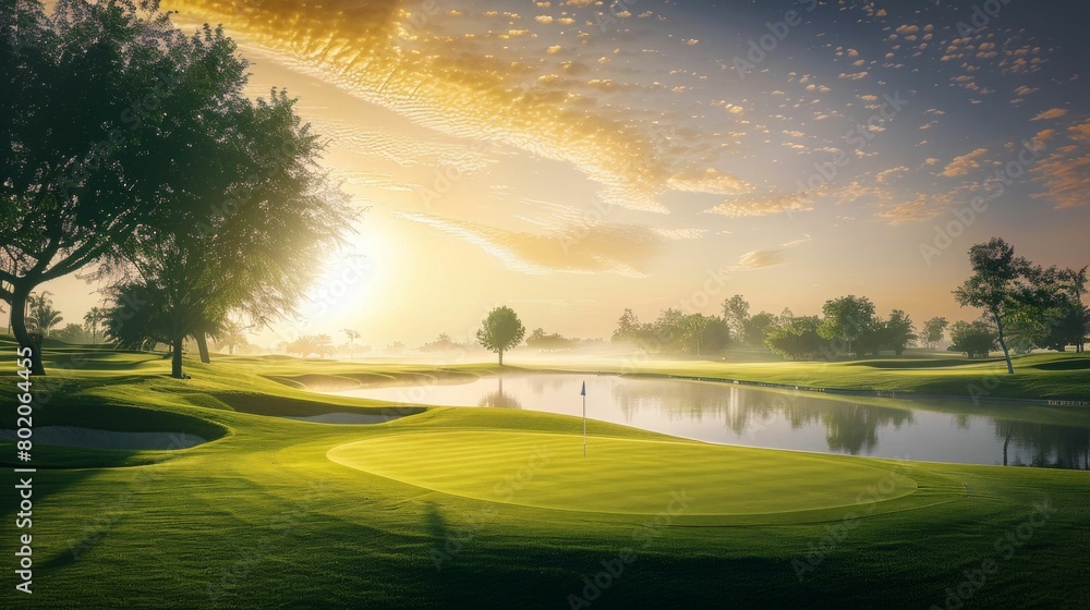 Picturesque Golf Course Under Bright Sunlight. Generative AI. Picturesque Golf Course Under Bright Sunlight. Generative AI.